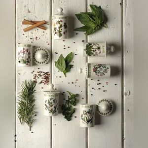 NIB Portmeirion Herb and Spice Jars - Green and Pink Floral Design